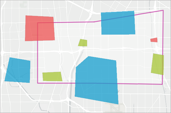 Input colored polygons in blue, red, and green, and a single transparent polygon with a pink outline Input colored polygons in blue, red, and green, and a single transparent polygon with a pink outline